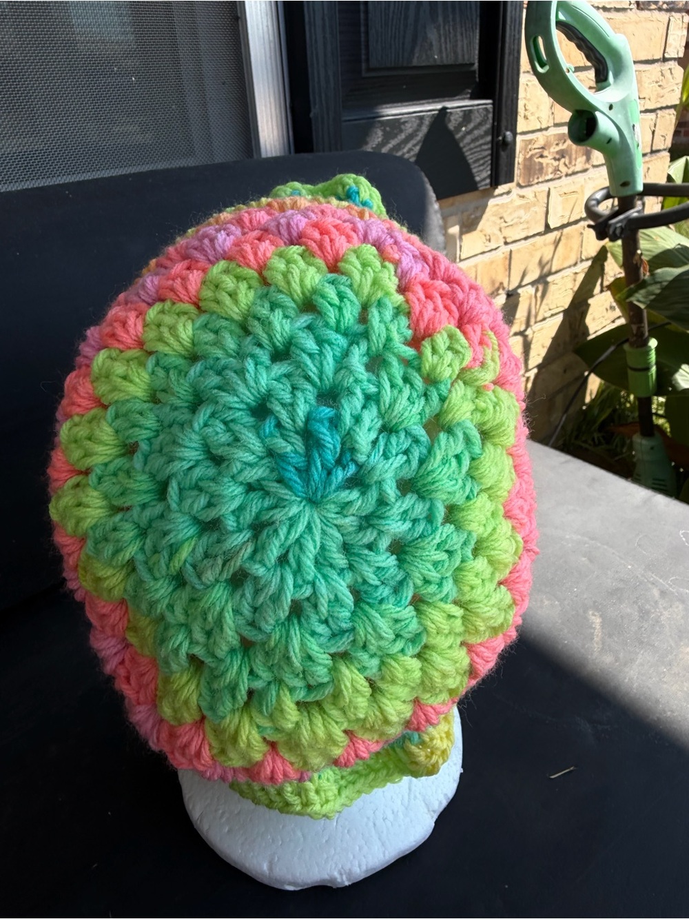 Handmade Kids Crochet Beanie in Green, Pink and Aqua